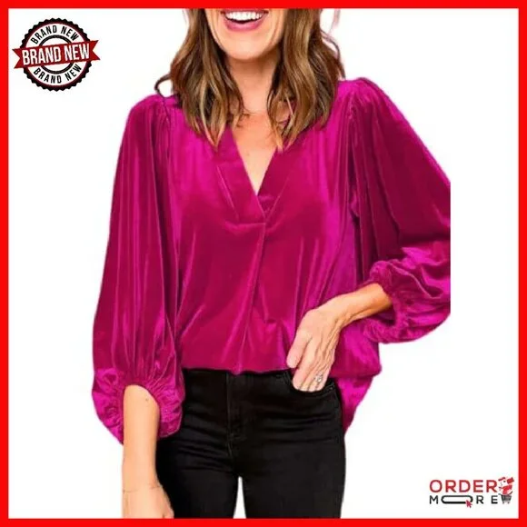 Velvet V-Neck Puff Sleeve Tunic Top - Loose Fit Fall Winter - Picture 4 of 5